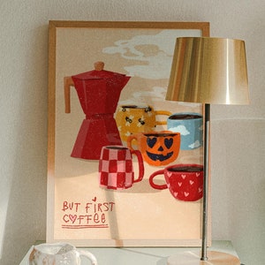 Bunte digitale Kunstillustration mit Kaffeekanne und Tassen, modernes Poster für Kaffeeliebhaber