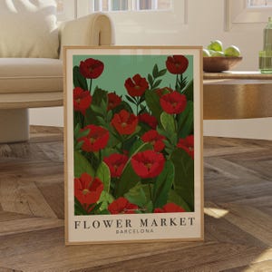 Poster „Blumenmarkt Barcelona“ – Leuchtende rote Mohnblumen mit Buntstiftstrichen, lässige Illustration