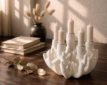 Candelabro con forma de cuerno de ciervo / Decoración de coral blanco / Portavelas de 6 brazos