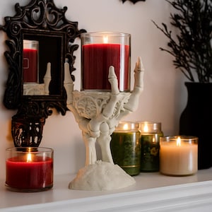 Candelabro de mano de esqueleto: centro de mesa gótico de Halloween, compatible con Yankee o Bath and Bodywork
