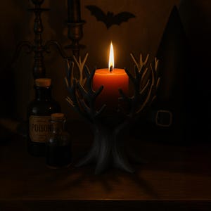 May include: An orange candle burns in a decorative antler-shaped holder. Two small bottles with corks are in the background, one labelled "POISON". A bat silhouette is above. The scene has a dark, gothic aesthetic.