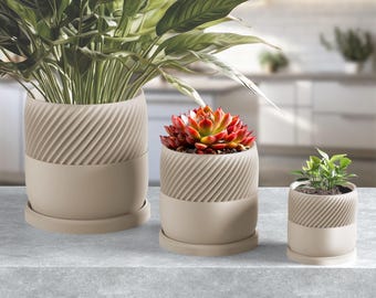 Jardinera de interior minimalista Biege con bandeja de drenaje - Maceta de cerámica moderna de 4”, 6”, 8”