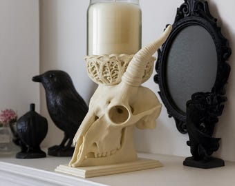 Gothic Goat Skull Candle Holder: Bone White PLA, Witchy Mantel Decor