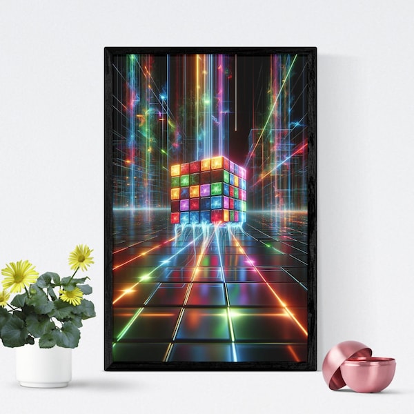 Neon Genesis: Digital Rubik's Cube Art - Futuristic Glowing Abstract - Instant Download