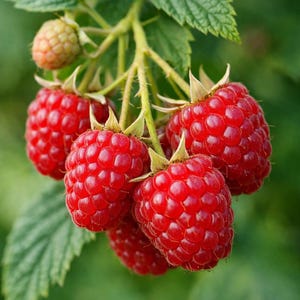 May include: A cluster of ripe, vibrant red raspberries hanging from a green stem with serrated leaves. The berries feature a textured, bumpy surface and are attached to thin, light green stalks. One small, pale, unripe raspberry is visible above.