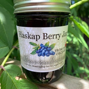 Könnte beinhalten: Ein Glas mit dunkelvioletter Haskap-Beerenmarmelade mit einem silbernen Metalldeckel. Das Etikett zeigt eine Grafik von blauen Haskap-Beeren mit grünen Blättern sowie den Text "Haskap Berry Jam", "FROM OUR ORCHARD" und "Contains: Mixed haskap berries, sugar, & pectin."