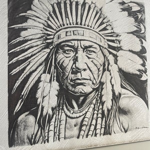 Jefe indio con tocado grabado sobre masonita