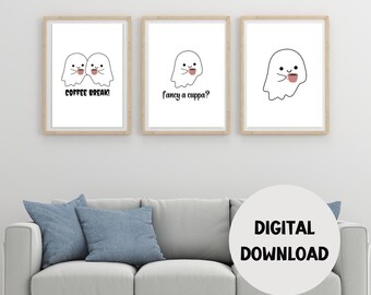 Ghost Trio Cup Of Coffee Printable Wall Art Print, Cute Halloween Inspired Ghost Print, Home Decor, Minimalist Wall Art Print, Digital Art