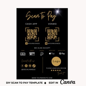 Modèle de signe DIY Scan to Pay, modèle de tarification de salon de beauté modifiable avec code QR, modèle de toile de beauté maquillage tresses, cils à ongles, noir et or