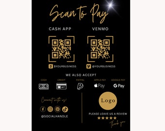 Könnte beinhalten: Schwarze und goldene Scan-to-Pay-Vorlage mit QR-Codes für Cash App und Venmo. Die Vorlage enthält auch Logos für andere Zahlungsmethoden wie PayPal, Apple Pay und Google Pay. Die Vorlage enthält den Text "Verbinde dich mit uns!" mit Social-Media-Icons und den Text "Bitte hinterlasse uns eine Bewertung" mit fünf Sternen. Die Vorlage enthält auch den Text "DIY Scan-to-Pay-Vorlage" und "In Canva bearbeiten".