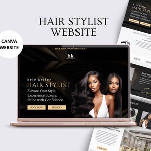 Könnte beinhalten: Ein Laptop-Computer, auf dem eine Website für eine Friseurin namens Brie Keller angezeigt wird. Die Website hat ein schwarzes und goldenes Farbschema mit Bildern von zwei Frauen mit langen, dunklen Haaren. Der Text auf der Website lautet "Brie Keller Hair Stylist", "Elevate Your Style", "Experience Luxury", "Shine with Confidence", "Book Now" und "Services".