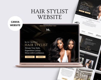 May include: A laptop computer displaying a website for a hair stylist named Brie Keller. The website features a black and gold color scheme with images of two women with long, dark hair. The text on the website reads "Brie Keller Hair Stylist", "Elevate Your Style", "Experience Luxury", "Shine with Confidence", "Book Now", and "Services".