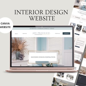 May include: A laptop computer displaying a website for an interior design company called "JOI PRICE CO.". The website features a light blue and white color scheme with a modern design aesthetic. The text "MODERN DESIGN INSPIRATION" is displayed on the website.