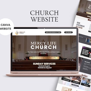 May include: A laptop displays a church website design with the text "Mercy Life Church." The website features a banner with the words "This is where you belong" and information about Sunday services. Additional website pages are visible.