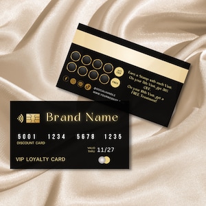Visitekaartje loyaliteitsmerk, VIP-klantenkaart, kapper, kortingskaart, wimper, nagels, visitekaartje in creditcardstijl, zwart en goud