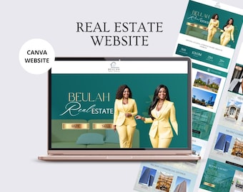 May include: A website for a real estate company called Beulah Real Estate. The website features a green background with two women in yellow suits. The website has buttons for buying and selling real estate. The website also features a section for recent commercial listings.