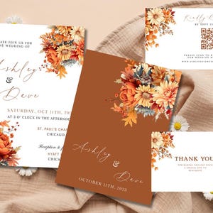 Ensemble de faire-part de mariage en terre cuite automne bohème, carte d'accès, RSVP code QR, téléchargement immédiat Templett, orange brûlé, fleur sauvage, automne