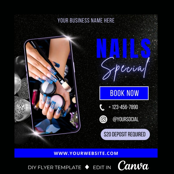 Editable Book Now Flyer, Nails Flyer Template, Premade Flyer Template, Hair, Lashes, Make up, Stylist, Canva Template, Black and Blue