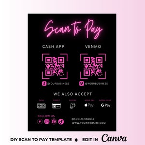 Modelo de sinal de digitalização para pagamento DIY, modelo de preço de salão de beleza com código QR editável, modelo de canva de beleza para maquiagem de cílios de tranças, preto e rosa