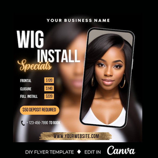 Wig Install Flyer, DIY Hair Premade Flyer, Hairstylist Book Now Flyer, Canva Template, Braid Flyer, Nails Flyer, Lash Tech, Gold, Pink