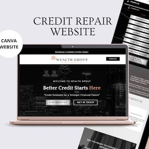 Può includere: Un laptop color oro rosa mostra un design di sito web con il testo "Credit Repair Website". Il sito web presenta uno schema di colori in bianco e nero con le parole "Better Credit Starts Here". Sono visibili pagine aggiuntive, che mostrano servizi di riparazione del credito.