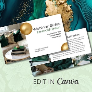 Puede incluir: Diapositivas de seminario web tituladas "Emerald Green" con un esquema de color verde, dorado y blanco. Las diapositivas incluyen un título de clase magistral, un título de taller, un tema de lección y una sección titulada "El problema". Las diapositivas también incluyen imágenes de una sala de estar, un embrague verde, una mano sosteniendo una tela verde y un cuaderno con un bolígrafo.