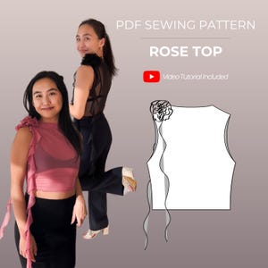 Peut inclure: Un patron de couture PDF pour un haut Rose Top, présentant un design sans manches avec un détail de volant sur l'épaule. L'image montre un haut en maille rose fini avec une rose en tissu assortie, une version noire et un dessin technique.