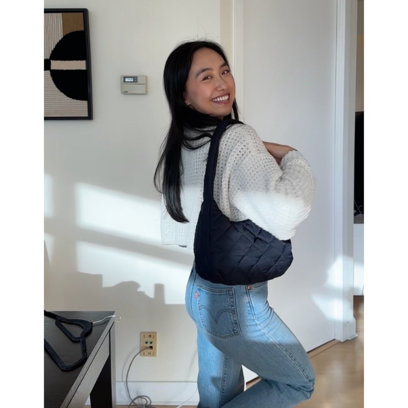 Viral COS quilted bag inspired puffer shoulder bag. The Everything Shoulder Bag is fully lined and includes an inside zippered pocket. PDF Digital sewing pattern for this DIY tote bag. Winter outfit bag