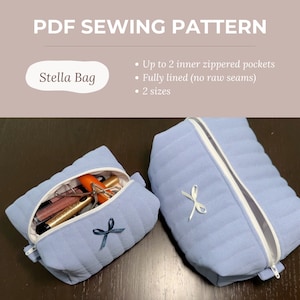 Patron de couture PDF pour sac Stella | Trousse de maquillage matelassée | Entièrement doublé et comprend jusqu'à 2 poches intérieures à glissière | Adapté aux débutants