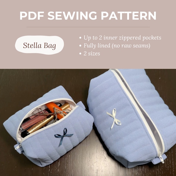 Stella Bag PDF Sewing Pattern | Quilted Makeup Bag | Fully Lined & Includes up to 2 Inner Zippered Pockets | Beginner-friendly