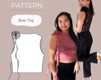 Sheer Rose Top PDF Sewing Pattern | Rosette Flower & Ruffles | Sizes XS-XL | Instant Digital Download