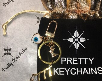 777 Angel Numbers Keychain Heart Evil Eye. Protection Gift, Make it yours, Add your Birthstone & Gold  Initial. Gifts for Women and Men