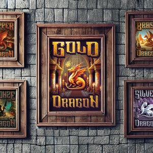 Metallic Dragons - Digital Prints Set of 5 - Tabletop Games Room Digital Print - DnD Wall Art - Nerdy Poster - RPG Decor - Instant Download!