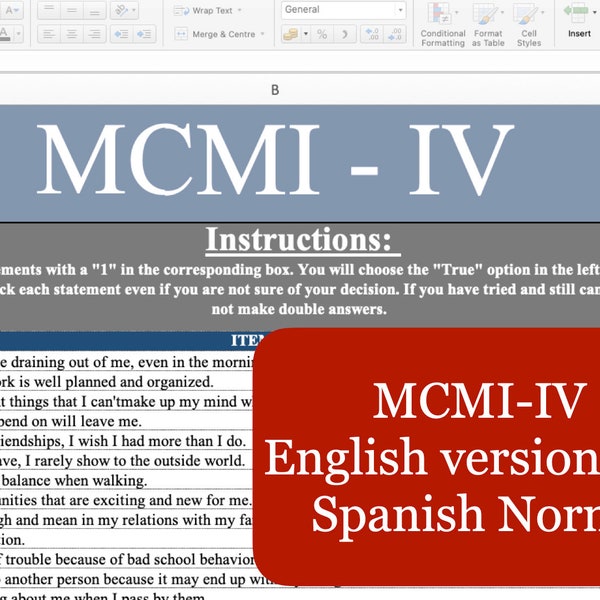 MCMI-IV (Millon Clinical Multiaxial Inventory - IV) Autoscoring Template in English language and Spanish norms with Interpretations