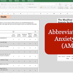Peut inclure: Une feuille de travail rouge et blanche intitulée "Abbreviated Math Anxiety Scale" avec des instructions et un tableau de questions et de réponses. Les questions portent sur le niveau d'anxiété d'une personne dans différentes situations liées aux mathématiques. Les réponses sont sur une échelle de 1 à 5, 1 étant "faible anxiété" et 5 étant "forte anxiété".