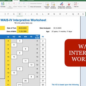 May include: A WAIS-IV Interpretive Worksheet displayed on a computer screen. The document includes sections for name, date of test, and subtest scores. A red rectangle with white text reads "WAIS-IV INTERPRETIVE WORKSHEET."