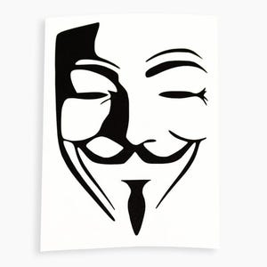 May include: A monochrome graphic of the Guy Fawkes mask, a smiling face with closed eyes and a moustache. The mask is a symbol of protest and anonymity, often associated with the group Anonymous.