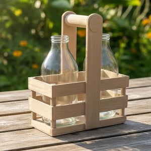 May include: A wooden carrier containing two clear glass bottles. The carrier has a handle and is made of light-coloured wood. The bottles are empty and have a classic milk bottle shape. The carrier sits on a wooden table.
