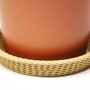 May include: A woven wicker plant saucer in a light brown colour. The saucer is round and has a raised edge.