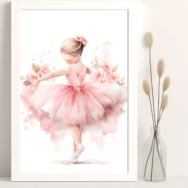 Ballerina Girl, Cute Girl in Pink Tutu, Watercolor Painting,  Printable Wall Art, Nursery Art Wall Decor, Baby Print, Download