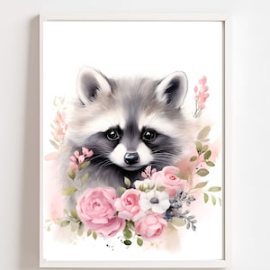 Raccoon Flower, Watercolor, Raccoon Art, Raccoon Art Print, Baby Raccoon Digital Print, Picture Nursery Art, Nursery PRINTABLE