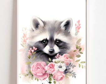 Aquarell Waschbär Blumen Poster, Poster für Kinderzimmer (Digitaldruck)
