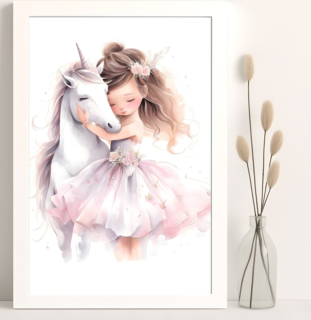 Little Girl and Her Unicorn Print, Friendship Print, Watercolor, Girls ...