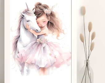 Mädchen und Einhorn, Mädchen und Einhorn Druck, Mädchen Zimmer Dekor (Digitaler Download)