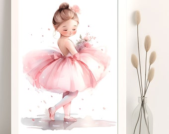 Ballerina Mädchen Aquarell Druck, rosa Tutu Kinderzimmerbild (Digitaler Download)