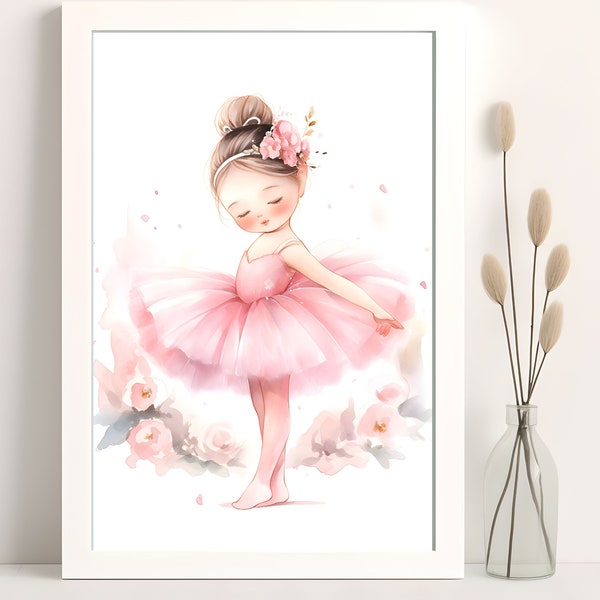 Ballerina Girl, Cute Girl in Pink Tutu, Watercolor Painting,  Printable Wall Art, Nursery Art Wall Decor, Baby Print, Download