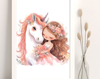 Kleines Mädchen und Einhorn Druck, Mädchenzimmer Dekor, Aquarell Druck (Digitaler Download)