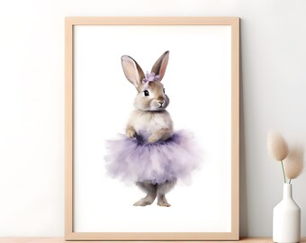 Ballerina Bunny Print, violettes Tutu, Kinderzimmer Wandkunst (Digitaler Download)