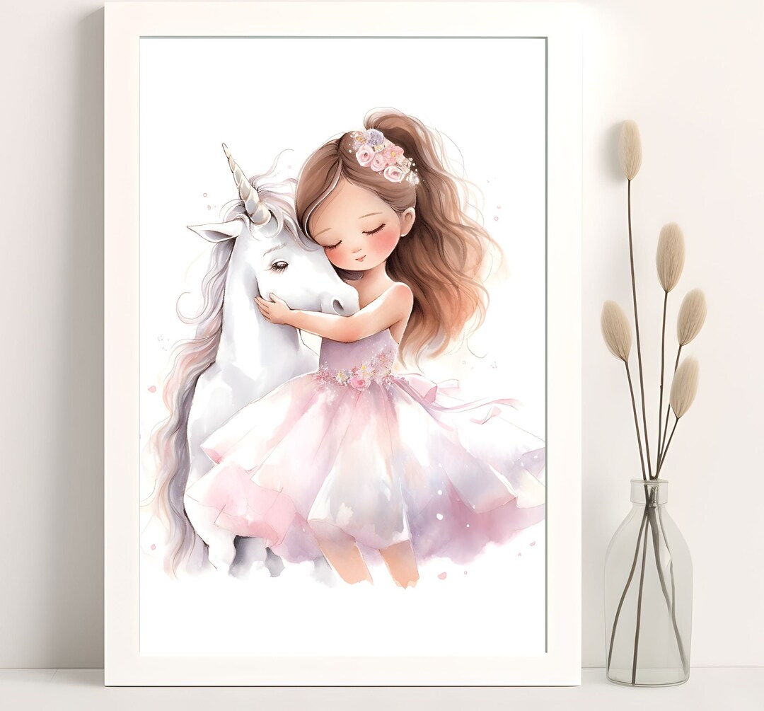 Little Girl and Her Unicorn Print, Friendship Print, Watercolor, Girls ...