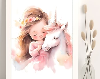 Mädchen und Einhorn Aquarell Druck, Freundschaft Kunst (Digitaler Download)